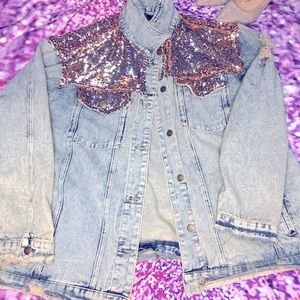 Distressed Jean Jacket Pink Sequence Over Lay